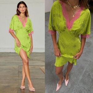 NWT Never Fully Dressed Thea Safari Jacquard Mini Dress Lime/Pink